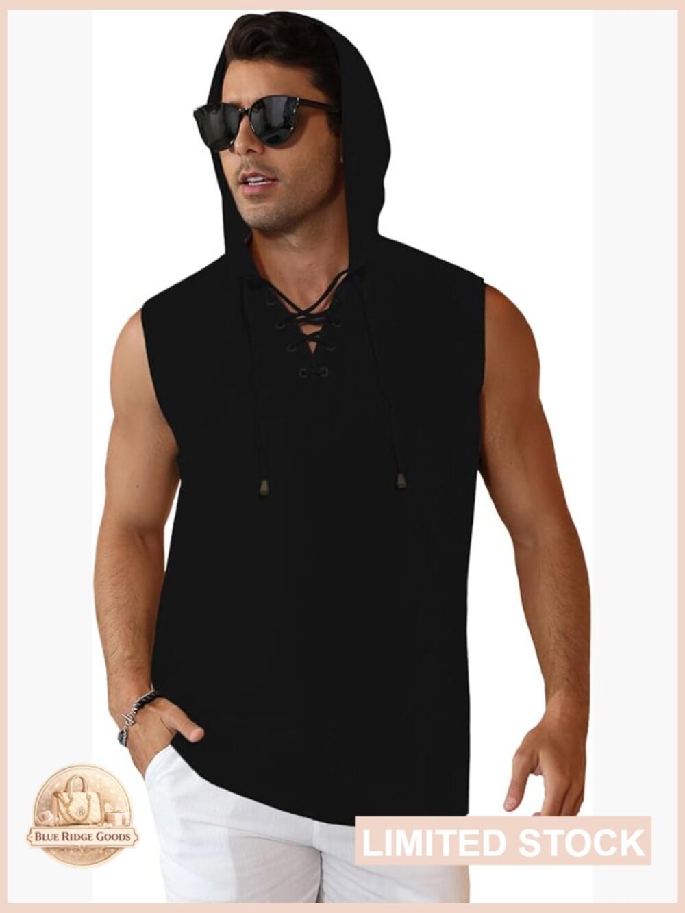 Men's Linen Tank Top Sleeveless Hooded Lace Up Beach Yoga Renaissance Tunic